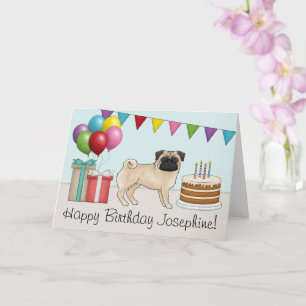 Fawn Pug Cute Cartoon Dog Colourful Happy Birthday Card