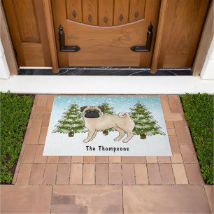 Fawn Pug Cute Cartoon Dog Snowy Winter Forest Doormat