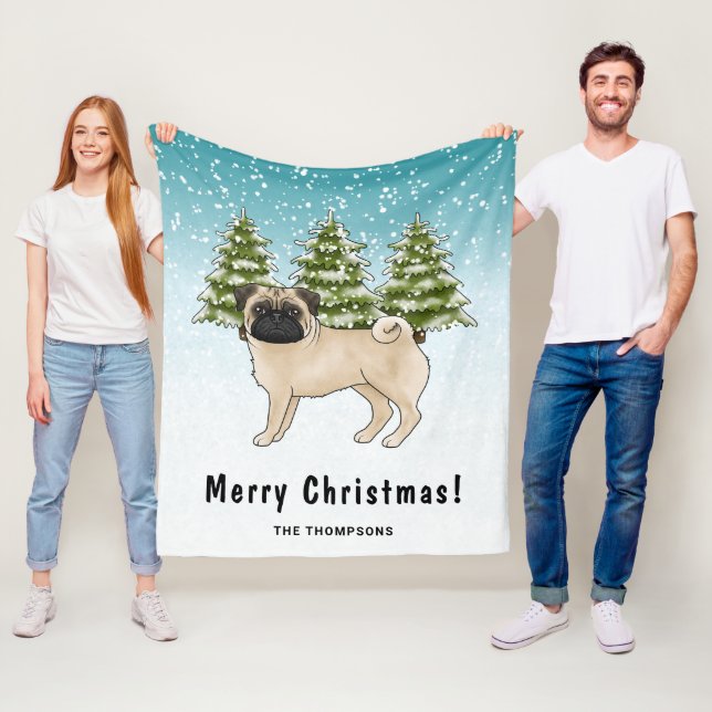 Fawn Pug Cute Cartoon Dog Snowy Winter Forest Fleece Blanket (In Situ)
