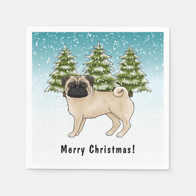 Fawn Pug Cute Cartoon Dog Snowy Winter Forest Napkin (Front)