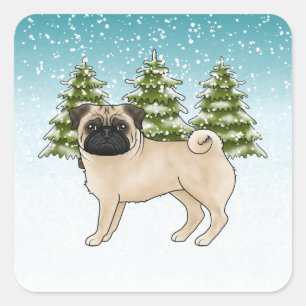 Fawn Pug Cute Cartoon Dog Snowy Winter Forest Square Sticker