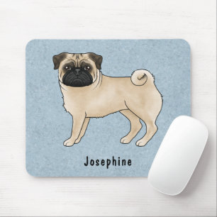 Fawn Pug Cute Cartoon Dog With Custom Name Blue Mouse Pad