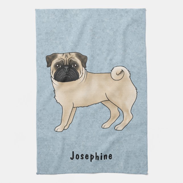 Fawn Pug Cute Cartoon Dog With Custom Name Blue Tea Towel (Vertical)