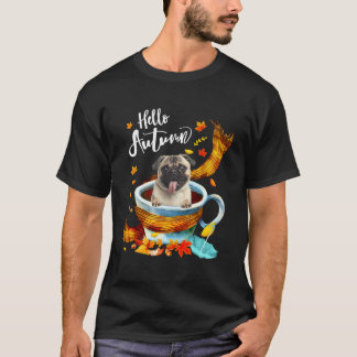 Fawn Pug Dog Autumn Coffee Hello Autumn Fall Leaf T-Shirt