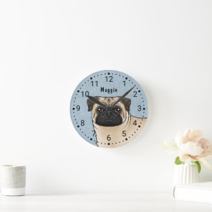 Fawn Pug Dog Breed Head Close-Up And Name Blue Round Clock