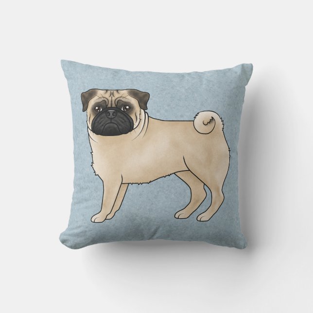 Fawn Pug Dog Canine Cute Cartoon Illustration Blue Cushion (Front)