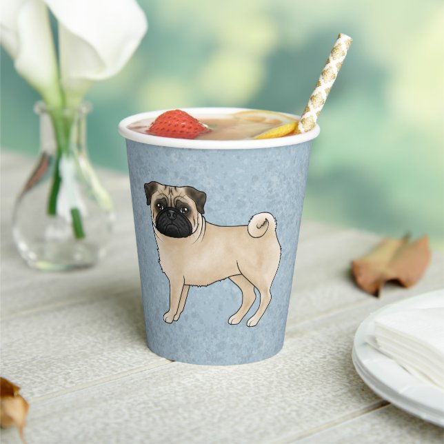 Fawn Pug Dog Canine Cute Cartoon Illustration Blue Paper Cups (Insitu)