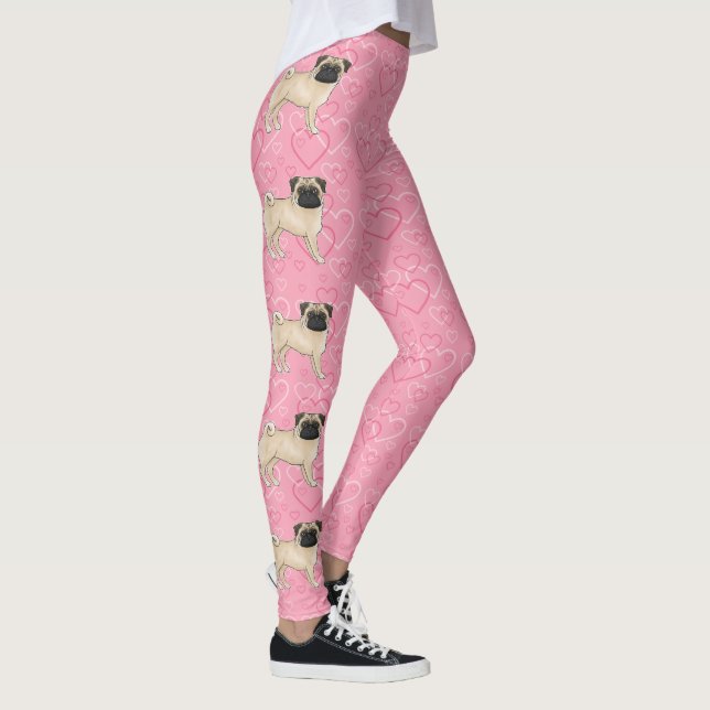 Fawn Pug Dog Cartoon Mops Love Heart Pattern Pink Leggings (Right)