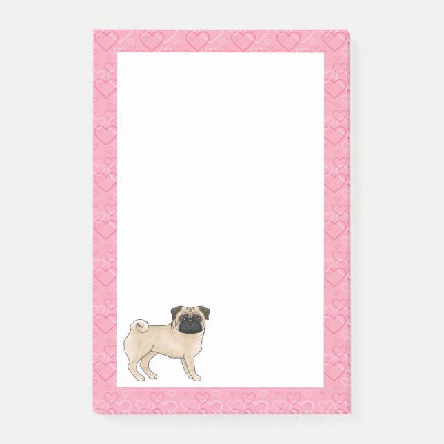 Fawn Pug Dog Cartoon Mops Love Heart Pattern Pink Post-it Notes (Front)