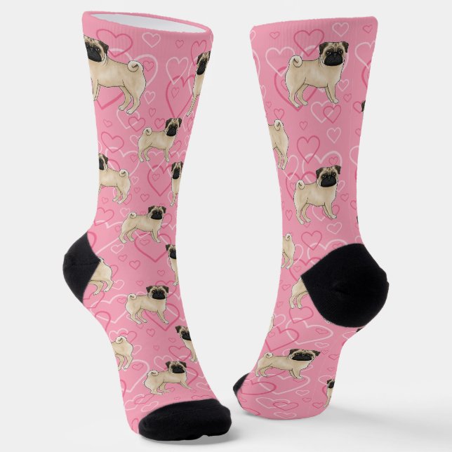Fawn Pug Dog Cartoon Mops Love Heart Pattern Pink Socks (Angled)