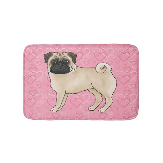 Fawn Pug Dog Cartoon Mops Pink Love Heart Pattern Bath Mat (Front)