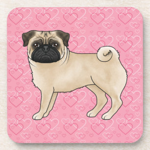 Fawn Pug Dog Cartoon Mops Pink Love Heart Pattern Coaster