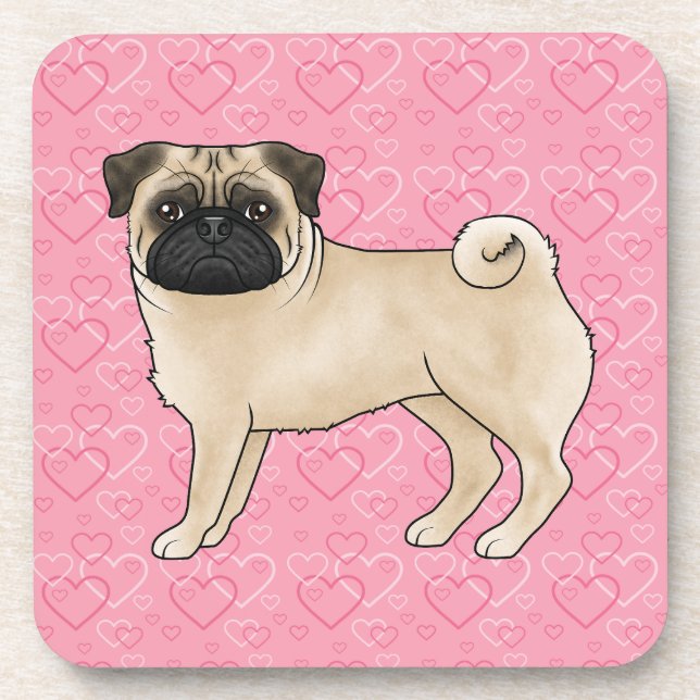 Fawn Pug Dog Cartoon Mops Pink Love Heart Pattern Coaster (Front)