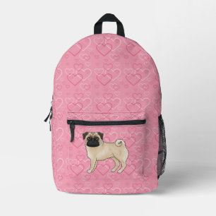 Fawn Pug Dog Cartoon Mops Pink Love Heart Pattern Printed Backpack