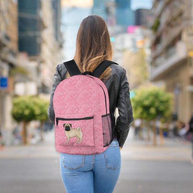 Fawn Pug Dog Cartoon Mops Pink Love Heart Pattern Printed Backpack (Please note: This image is a digital mockup. The product may not be in scale.)