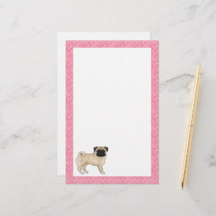 Fawn Pug Dog Cartoon Mops Pink Love Heart Pattern Stationery