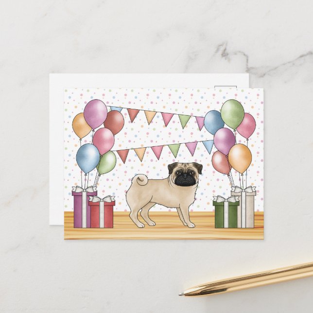 Fawn Pug Dog Colourful Pastel Birthday Balloons Postcard (Front/Back In Situ)