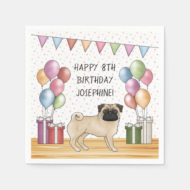 Fawn Pug Dog Colourful Pastels Happy Birthday Napkin (Front)