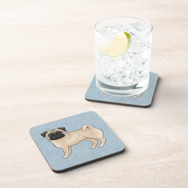 Fawn Pug Dog Cute Cartoon Dog Canine On Blue Coaster (Right Side)