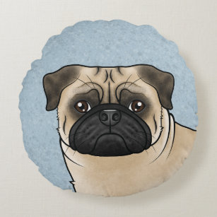 Fawn Pug Dog Cute Cartoon Dog Head Close-Up Blue Round Cushion