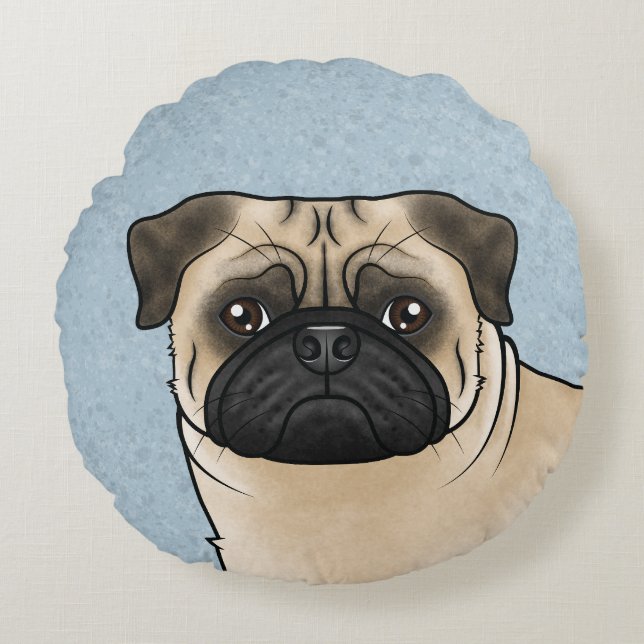 Fawn Pug Dog Cute Cartoon Dog Head Close-Up Blue Round Cushion (Front)