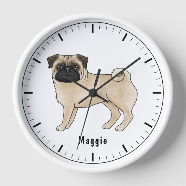 Fawn Pug Dog Cute Cartoon Illustration With Name Clock (Front)