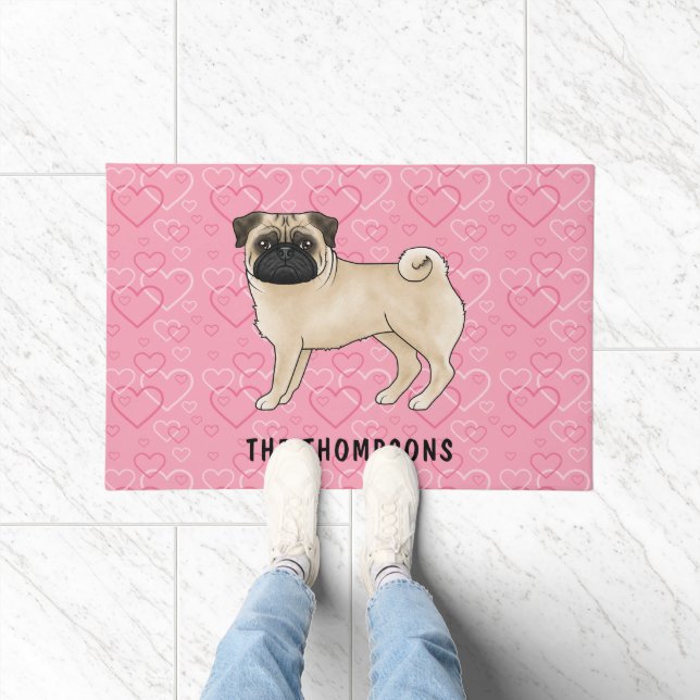 Fawn Pug Dog Cute Mops And Pink Hearts With Name Doormat (Indoor)