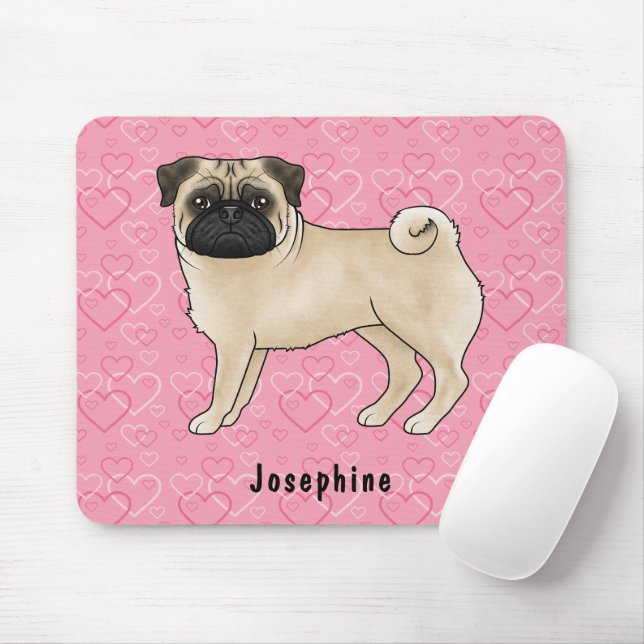 Fawn Pug Dog Cute Mops And Pink Hearts With Name Mouse Pad (With Mouse)