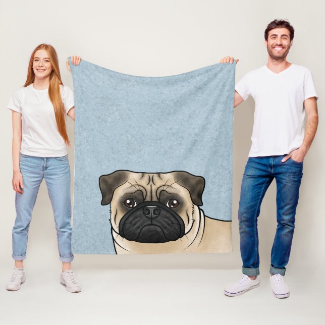 Fawn Pug Dog Head Close-Up Cartoon Illustration Fleece Blanket (In Situ)