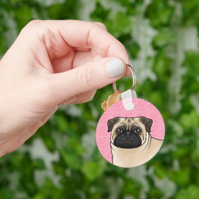 Fawn Pug Dog Head Close-Up On Pink Love Hearts Key Ring (Hand)