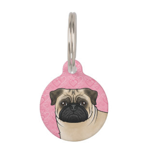 Fawn Pug Dog Head Close-Up On Pink Love Hearts Pet Tag