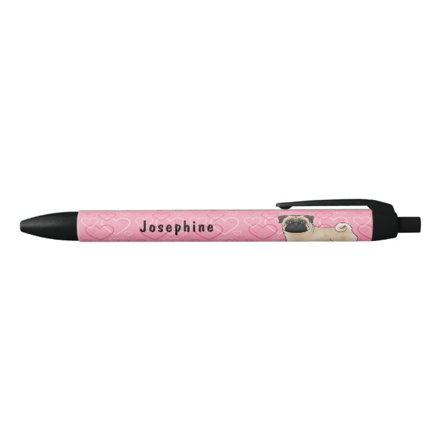 Fawn Pug Dog Pink Love Hearts Pattern With Name Black Ink Pen (Top)