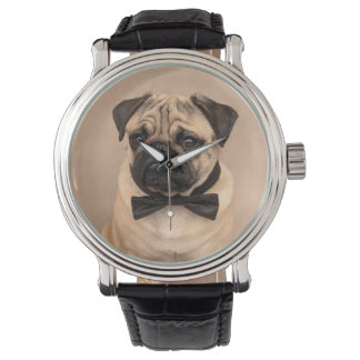 Fawn Pug Dog with Bow Tie. Retro Stylish Clock Watch