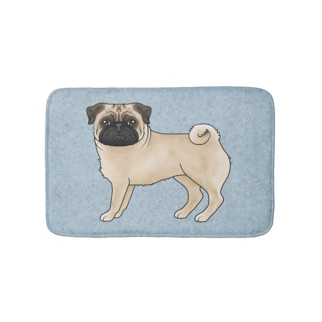 Fawn Pug Mops Breed Dog Cartoon Illustration Blue Bath Mat (Front)