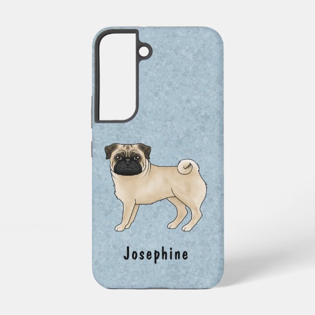 Fawn Pug Mops Breed Dog Cartoon Illustration Blue Samsung Galaxy S22 Case (Back)