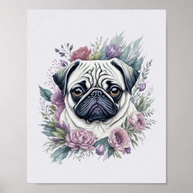Fawn Pug Watercolor Floral Poster (Front)