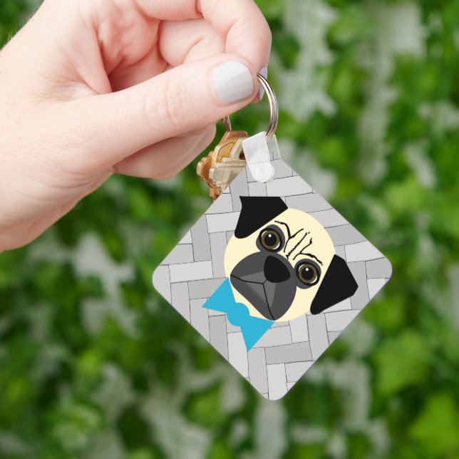 Fawn Pug with bowtie, Herringbone grey Key Ring (Hand)