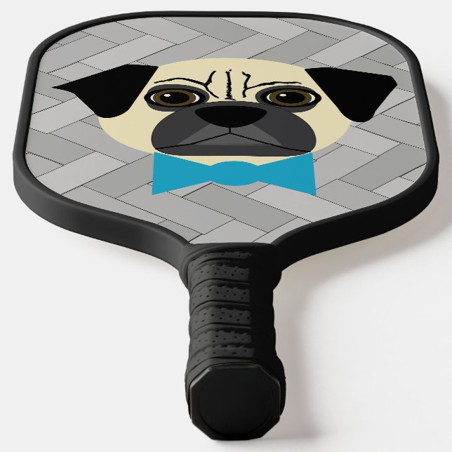 Fawn Pug with bowtie, Herringbone grey Pickleball Paddle (Laydown)