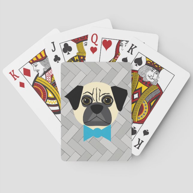 Fawn Pug with bowtie, Herringbone grey  Playing Cards (Back)