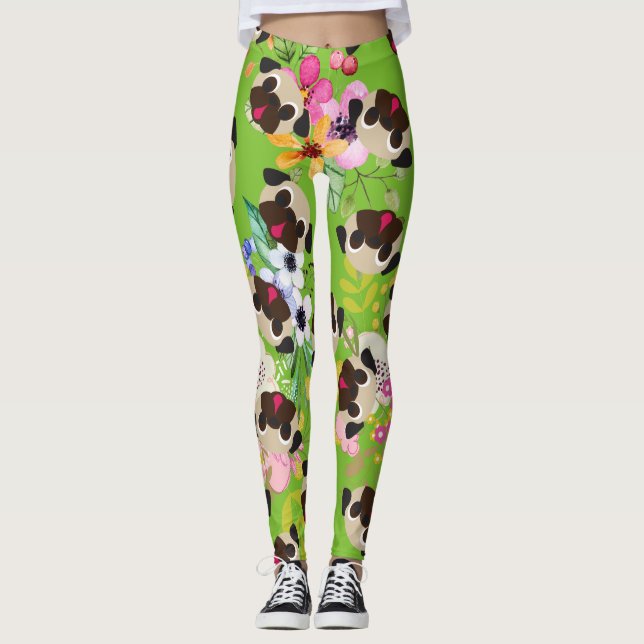 Fawn Pugs Flowers Pattern On Green Leggings (Front)
