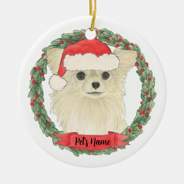 Fawn Tan Cream Long Haired Chihuahua Christmas Ceramic Tree Decoration (Front)