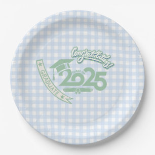Faye and Lauren Light Blue Gingham Graduation 2025 Paper Plate
