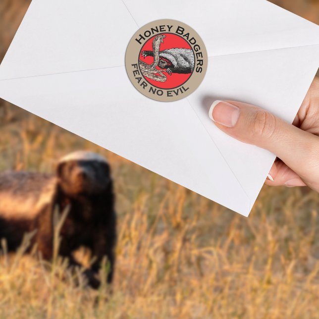 Fear no Evil Badass Honey Badger Red Animal Art Classic Round Sticker (Honey badger verses snake funny quote sticker badass wild animal)