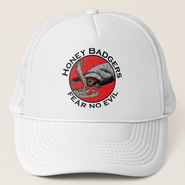 Fear no Evil Badass Honey Badger Red Animal Art Trucker Hat (Front)