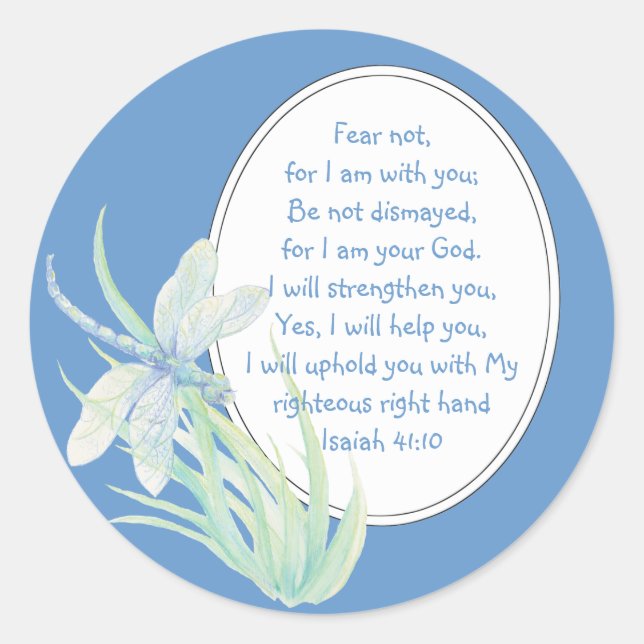 Fear Not, Isaiah Scripture Dragonfly Blue, Green Classic Round Sticker (Front)