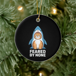 Feared By None Funny Cat in Shark Costume Humour Ceramic Tree Decoration