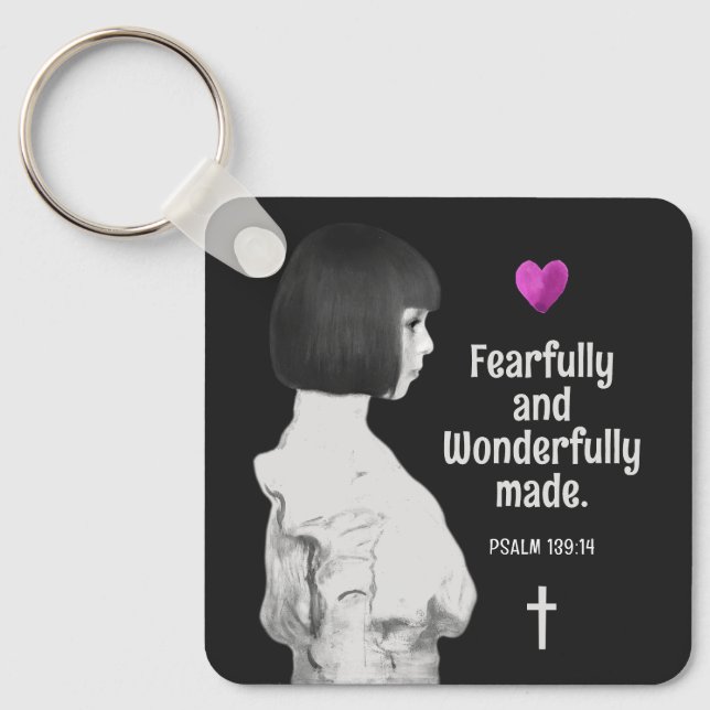 Fearfully and Wonderfully Made Cute Girl Christian Key Ring (Front)