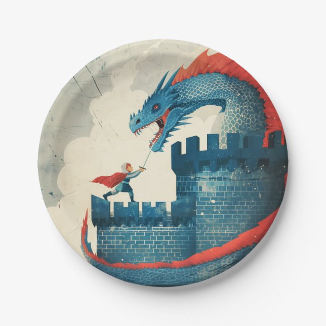 Fearless Knight and Dragon Birthday Party Paper Plate (Front)