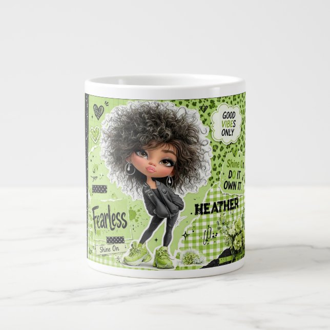 Fearless Lime Green Afro Girl Personalised Mug (Front)