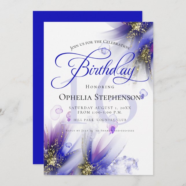 Fearless Navy Purple Abstract Floral Birthday  Invitation (Front/Back)